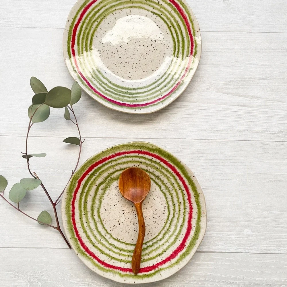 CRATE & BARREL Lina Stripe 8.5” Handcrafted Handpainted Salad Plates (Set of 2)